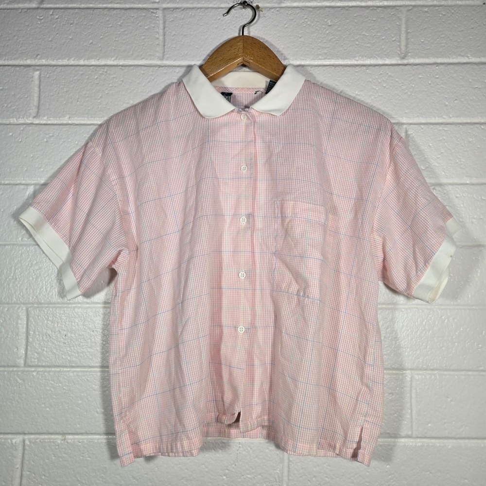 Vtg Cabin Creek Pink Gingham Plaid Short Sleeve Button Down Shirt Medium‎ Preppy